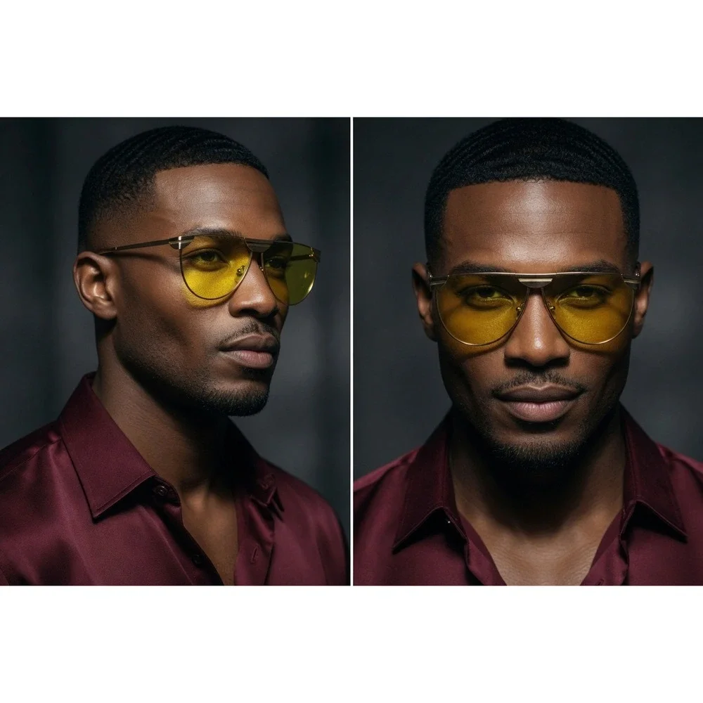 Mens Gold Sunglasses Yellow Tinted Lens Flat Top Metal Frame Retro Style Elegant